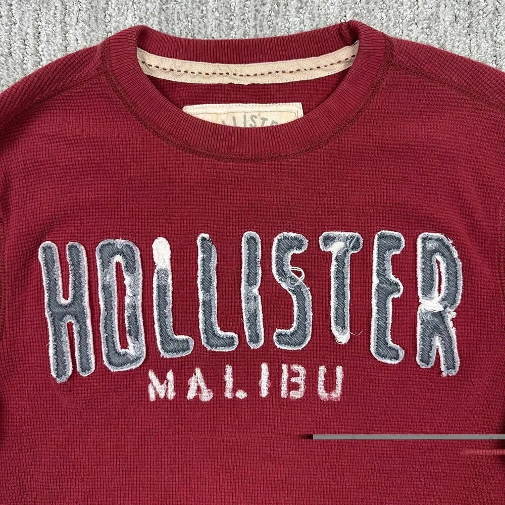 Hollister Mens Long Sleeve Thermal‎ Waffle Knit Shirt Red Logo Malibu Size Large